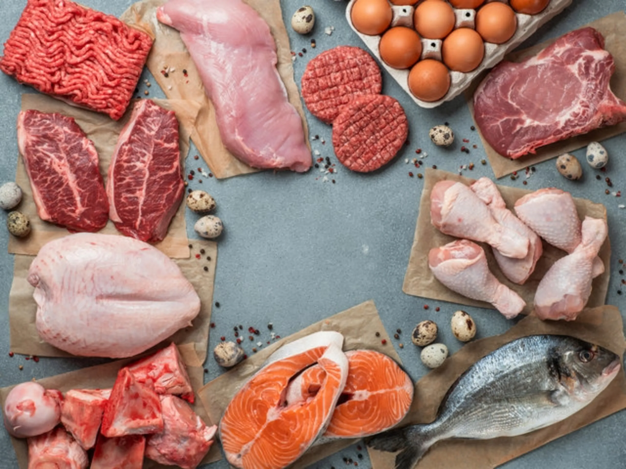 carnivore diet, animal foods on a grey table